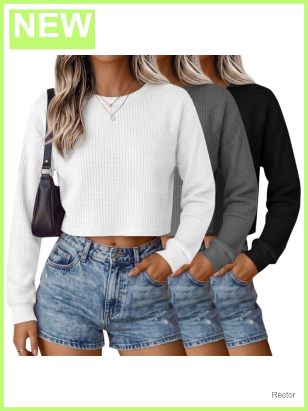 3 Pack Waffle Knit Long Sleeve Cropped Tops